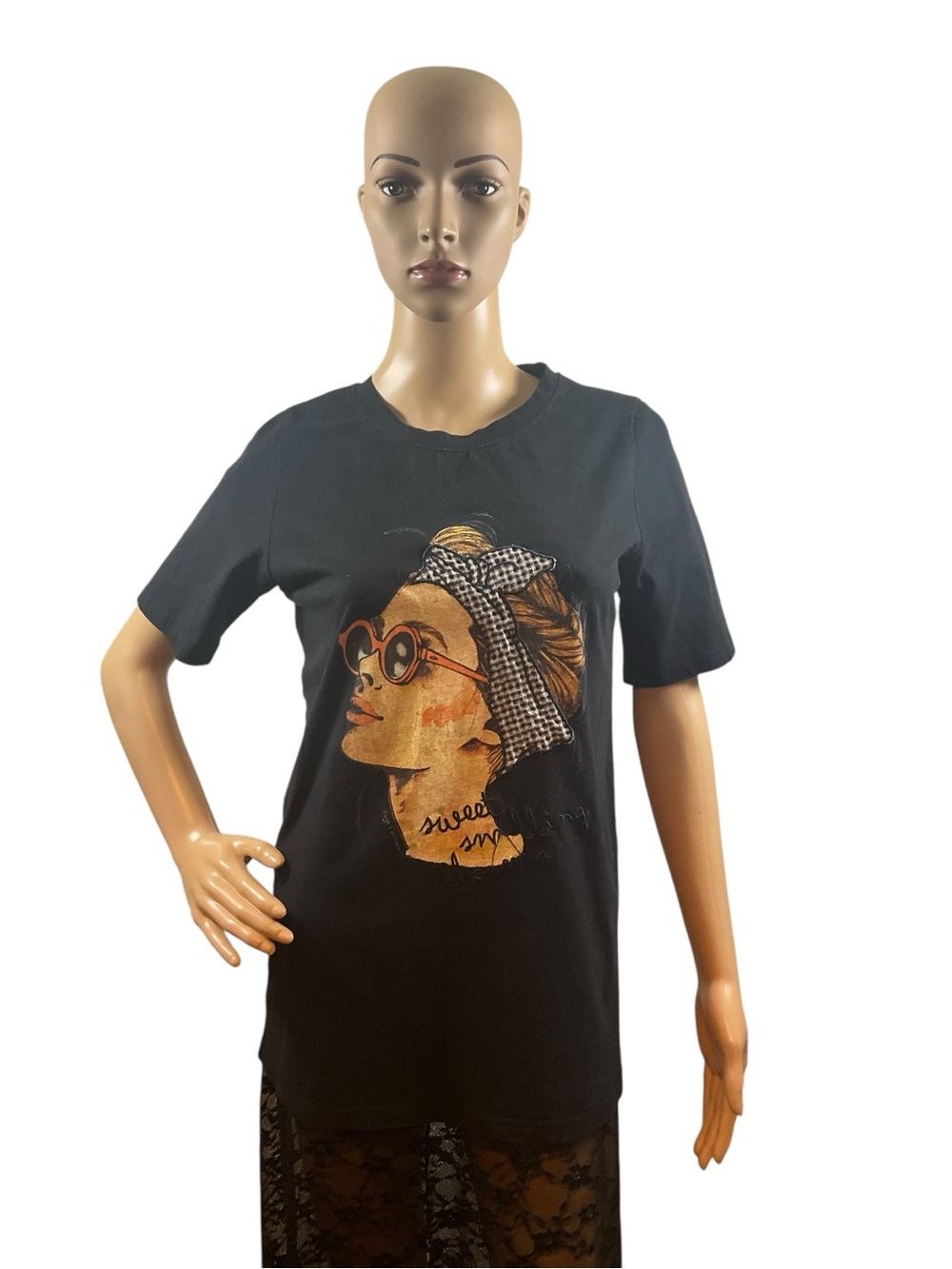 Black Graphic Short Sleeve Tee with Retro Portrait Design